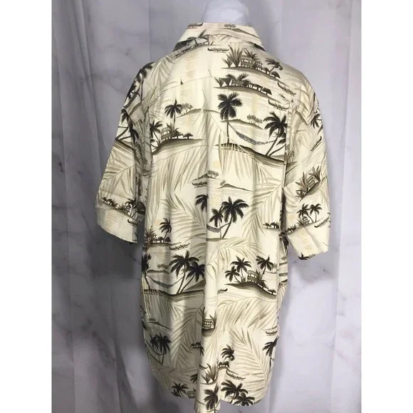 Go Barefoot Aloha Hawaiian Tiki Shirt Beige Dark Green Palm Trees Medium - Picture 4 of 10